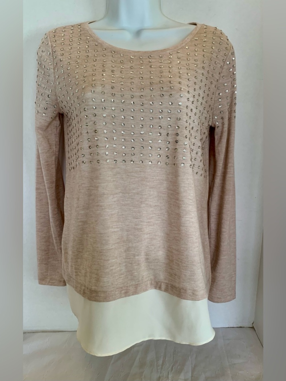 Ann Taylor sequin Studded Layered Hem Long Sleeve Top - Blush Beige. Small pet